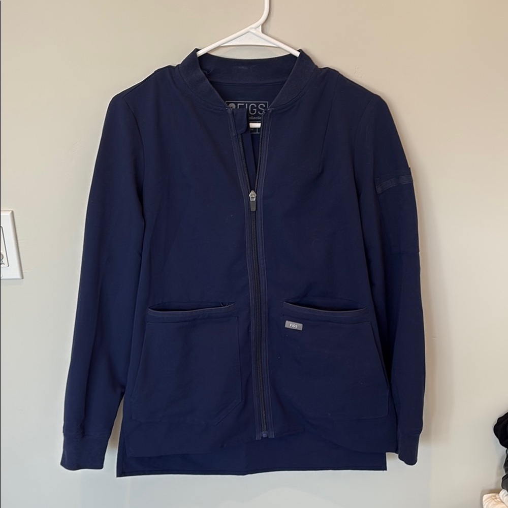 Figs Navy Zip-Front Bomber Scrub Jacket